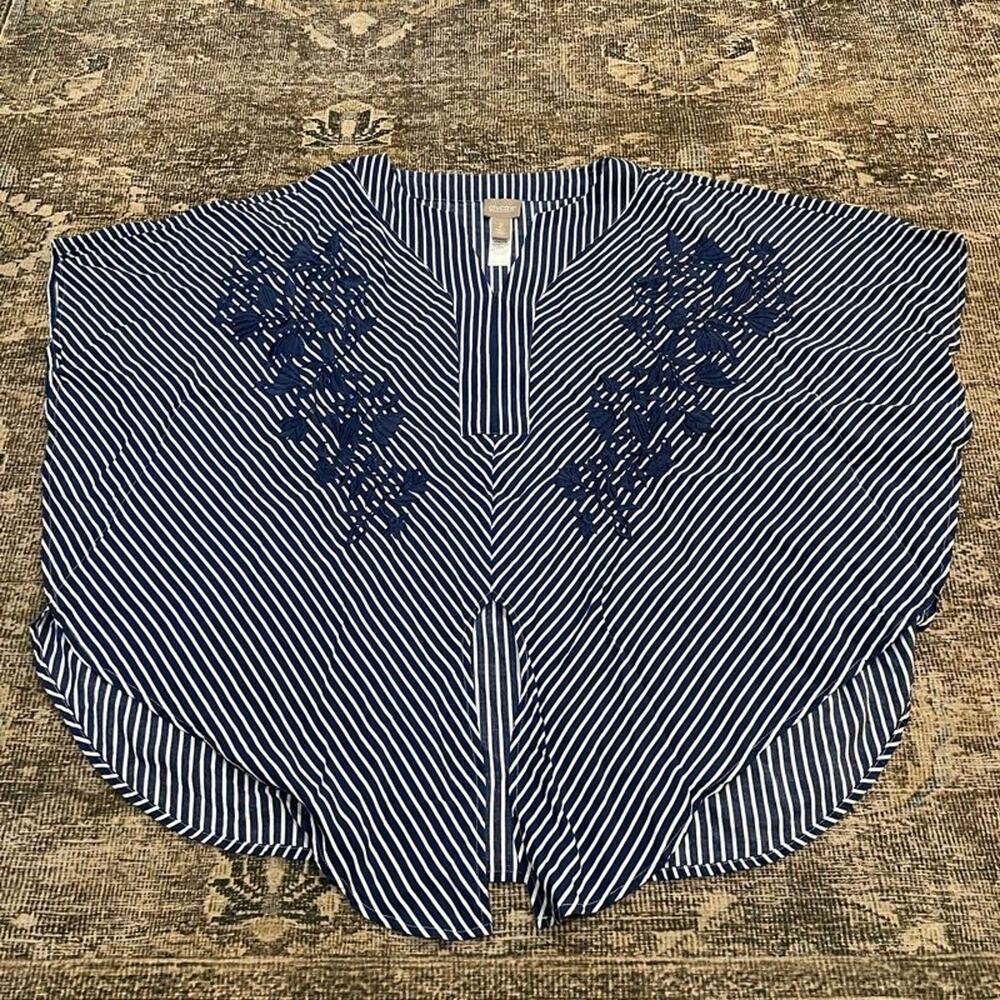 Chico's Navy White Striped Embroidered Poncho Kimono Cover Up Cape Top